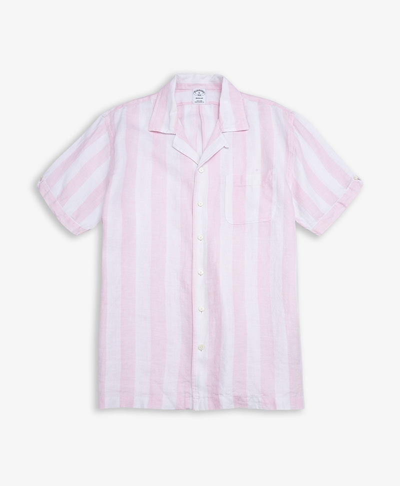 리젠트핏 숏-슬리브 린넨 캠프 볼드 스트라이프 스포츠 셔츠 (핑크) (74696470)