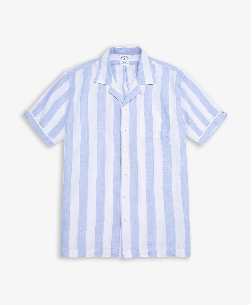 리젠트핏 숏-슬리브 린넨 캠프 볼드 스트라이프 스포츠 셔츠 (블루) (74696469)