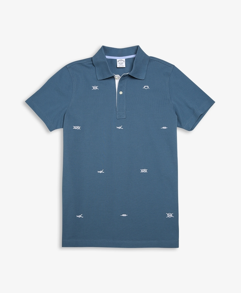 코튼 슬림핏 자수 피케 폴로 셔츠(블루) (32796998)
