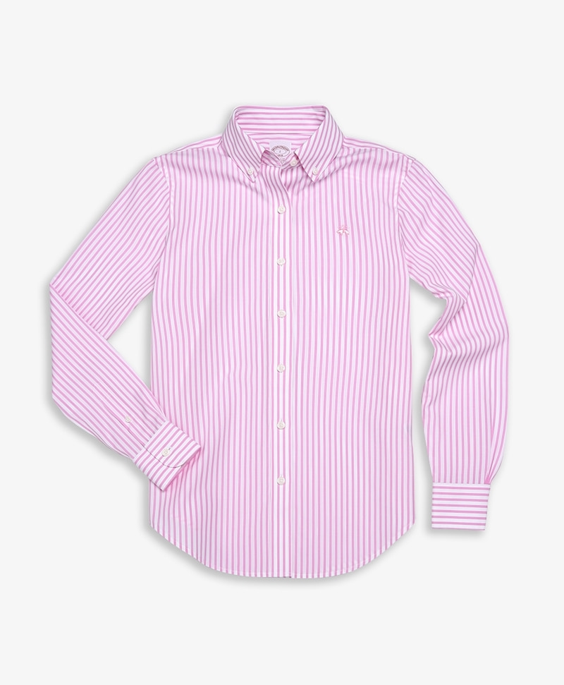 [여성] 클래식핏 논아이론 스트레치 수피마 코튼 뱅갈 스트라이프 셔츠 (핑크) (63699733)